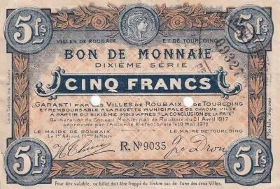 France 5 Francs - Ville -  Roubaix-Tourcoing  - 10-05-1917 - 10�me s�rie