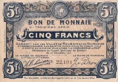 France 5 Francs - Ville -  Roubaix-Tourcoing  - 15-12- 1917 -  13�me s�rie