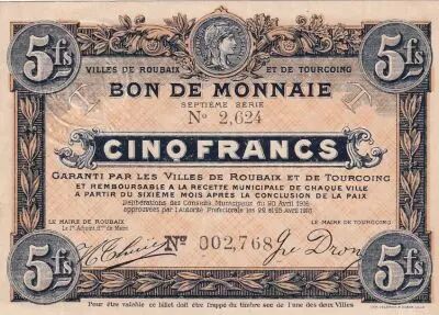 France 5 Francs - Ville -  Roubaix-Tourcoing  - 20-04-1916 - 7�me s�rie