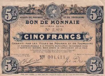 France 5 Francs - Ville -  Roubaix-Tourcoing  - 27-03-1917 - 9�me s�rie