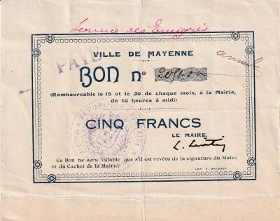 France 5 Francs - Ville de Mayenne - 1915-1920 - Annul�