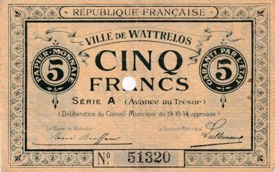 France 5 Francs - Ville de Wattrelos - S�rie A - 1914