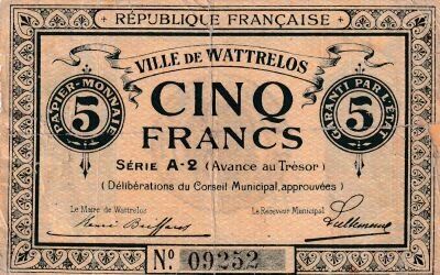 France 5 Francs - Ville de Wattrelos - S�rie A-2 N�09252
