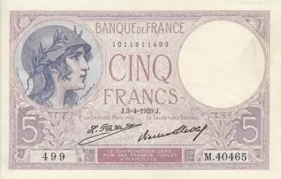 France 5 Francs - Violet - 03-04-1929 - Serial M.40465