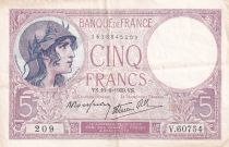 France 5 Francs - Violet - 10-08-1939 - Série V.60754 - F.04.05