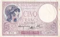 France 5 Francs - Violet - 13-07-1939 - S&eacute;rie U.58381