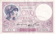 France 5 Francs - Violet - 14-09-1939 - Serial  P.62522 - VF to XF - P.79