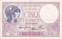 France 5 Francs - Violet - 17-08-1939 - Serial T.61281 - VF to XF - P.79