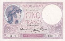 France 5 Francs - Violet - 21-09-1939 - Serial  D.63131 - XF - P.79