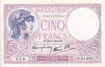 France 5 Francs - Violet - 24-08-1939 - Serial  D.61450 - XF - P.79