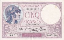 France 5 Francs - Violet - 26-10-1939 - Serial  D.65286 - XF to AU - P.79