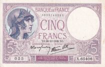 France 5 Francs - Violet - 26-10-1939 - Serial X.65406 - XF - P.79