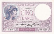 France 5 Francs - Violet - 26-12-1940 - Serial O.68010 - P.79