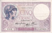 France 5 Francs - Violet - 26-12-1940 - Serial S.67805 - P.79