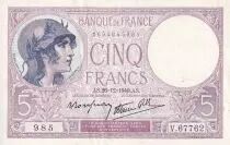 France 5 Francs - Violet - 26-12-1940 - Serial V.67762 - XF - P.79