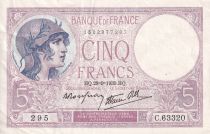 France 5 Francs - Violet - 28-09-1939 - Serial  C.63320 - VF to XF - P.79
