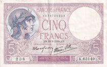 France 5 Francs - Violet - 28-09-1939 - Serial  K.63149 - XF - P.79