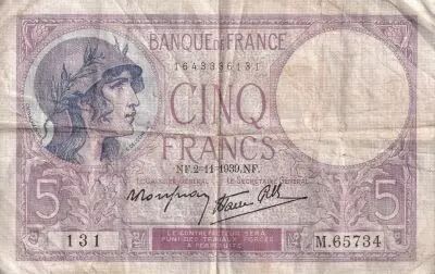 France 5 Francs - Violet - Ann�es diverses - S�ries vari�es - TB - F.04