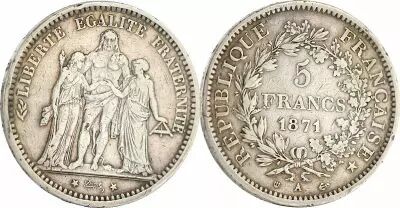 France 5 Francs  Hercules - 1871 A Paris - Type Cam�linat - Silver