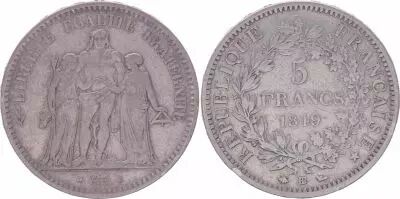 France 5 Francs, Hercules - 2nd Republic -1849 BB Strasbourg - F+