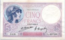 France 5 Francs 1925 - Serial L23728 - Lilac