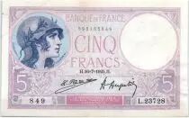 France 5 Francs 1925 - S&eacute;rie L23728 - Violet