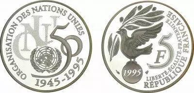 France 5 Francs 50 years of United Nations - 1995 - Proof - Silver