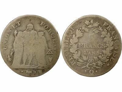 France 5 Francs Argent, Union & Force - An 5 Q Perpignan