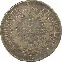 France 5 Francs Argent, Union & Force - An 7. L Bayonne