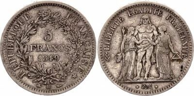 France 5 Francs Argent Hercule 1849 BB - II�me R�publique