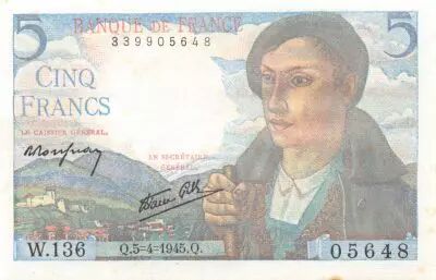 France 5 Francs Berger - 05-04-1945 S�rie W.136 - SPL+
