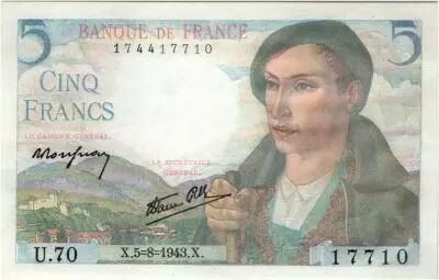 France 5 Francs Berger - 05-08-1943 S�rie U.70