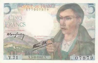 France 5 Francs Berger - 05-08-1943 S�rie V.71