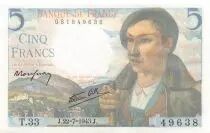 France 5 Francs Berger - 22-07-1943 Série T.33 - SPL+