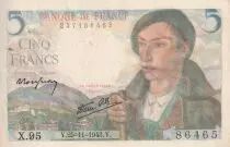 France 5 Francs Berger - 25-11-1943 - Série X.95 - F.05.04