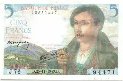France 5 Francs Berger - 25-11-1943 Serial J.76 - 94471