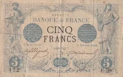 France 5 Francs Black - 00-01-1872 - Serial U.39