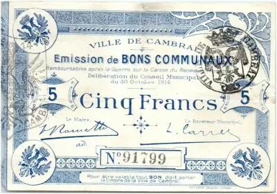 France 5 Francs Cambrai City - 1914