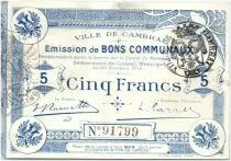 France 5 Francs Cambrai City - 1914