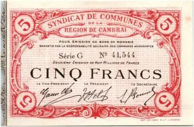 France 5 Francs Cambrai City - 1916