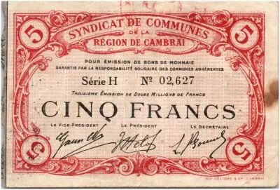 France 5 Francs Cambrai City - 1916