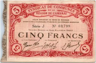 France 5 Francs Cambrai City - 1916