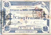 France 5 Francs Cambrai Commune - 1914