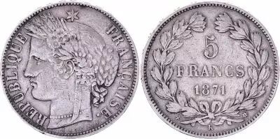 France 5 Francs Ceres - Third Republic - 1871 K Bordeaux - VF