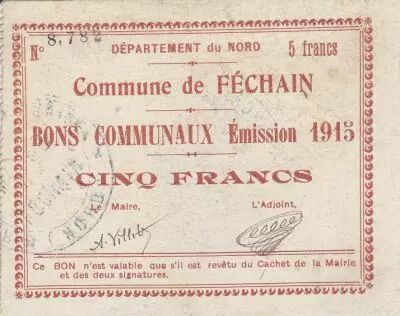 France 5 Francs Fechain City - 1915