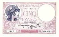 France 5 Francs Femme casqu&eacute;e modifi&eacute;e - 17.08.1939 - S&eacute;rie W.60981 - F.4.6