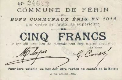 France 5 Francs Ferin City - 1914