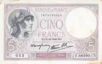France 5 Francs Helmeted woman 05-12-1940 Serial K.66990 - VF to XF