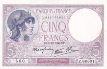 France 5 Francs Helmeted woman 05-12-1940 Serial Z.66631