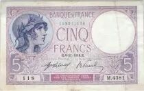 France 5 Francs Helmeted woman 08-11-1918 Serial M. 4381